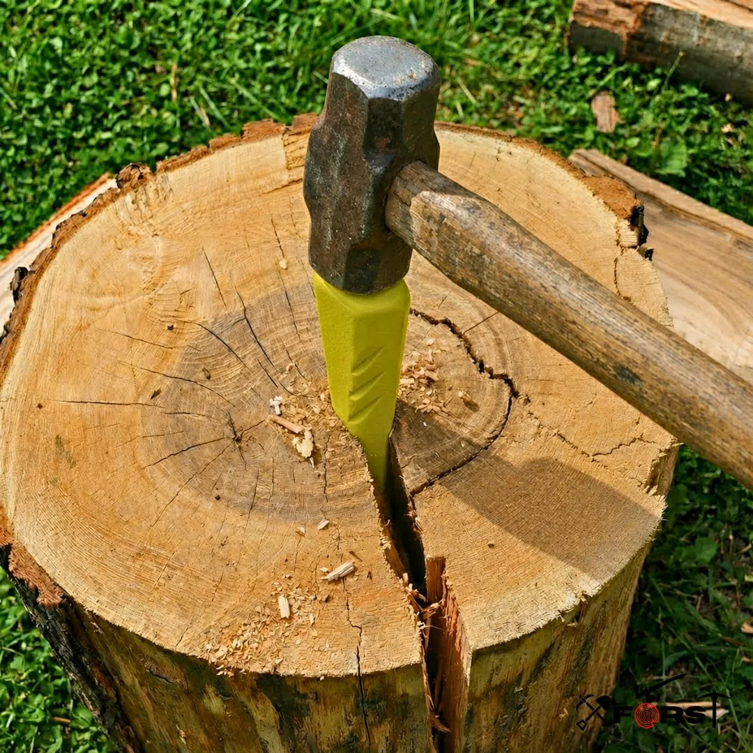 Xforst Cuña para Partir Leña Giratoria 2,25 kg – Acero Forjado Macizo Helicoidal para Troncos y Madera Dura – Partidor y Astilladora de Leña Manual con Funda, Amarillo Señal SK5G | Filo afilado y agarre firme, Diseño helicoidal giratorio, Acero forjado ma