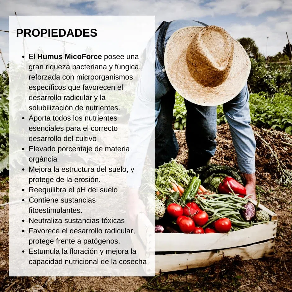 Humus de lombriz MicoForce 40L. Enriquecido con microorganismos beneficiosos. Estimula el desarrollo radicular y protege el cultivo. Abono natural y ecológico para tus plantas