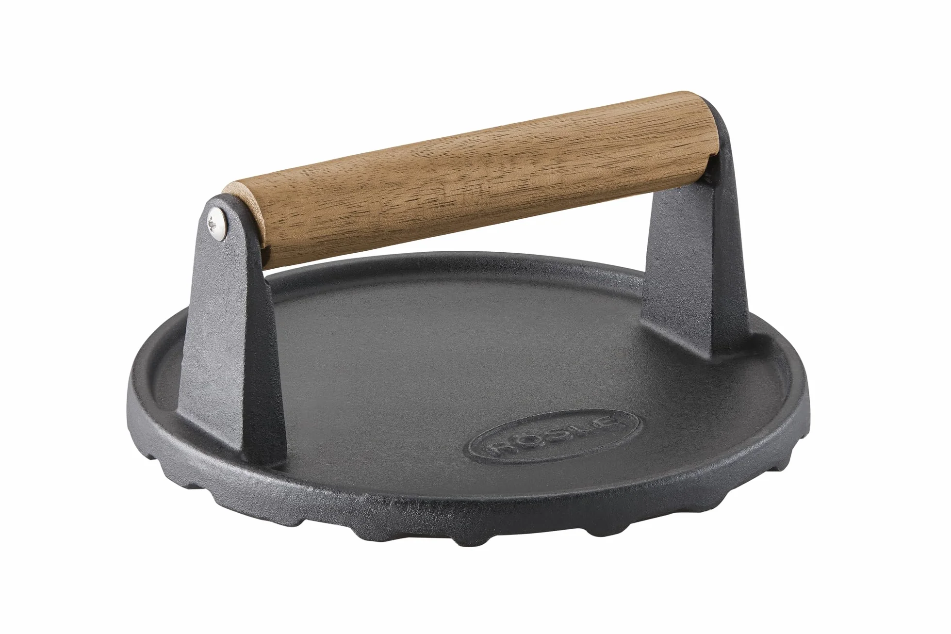 RÖSLE Pesa para barbacoa, 17,5 cm, hierro fundido con mango de madera, para cocinar más rápido hamburguesas o filetes, negro