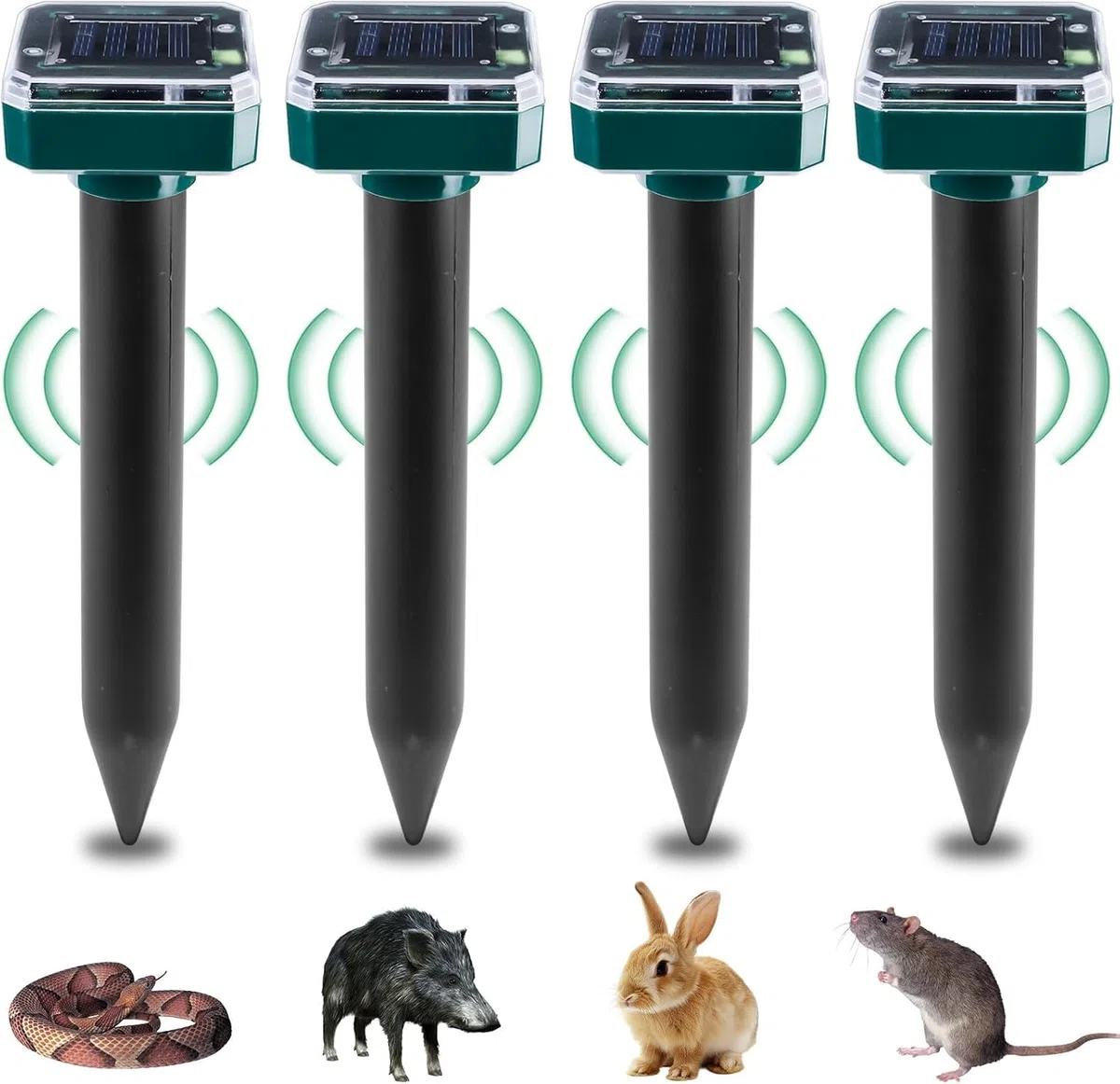 Aicharynic 4 Piezas Ahuyentador de Topos Solar, IP65 Repelente de Animales Solar Repelente de Topo Solar Repelente Ultrasónico de Ratones Ahuyentador Ratas para Jardin, Anti Topos, Serpientes, plagas
