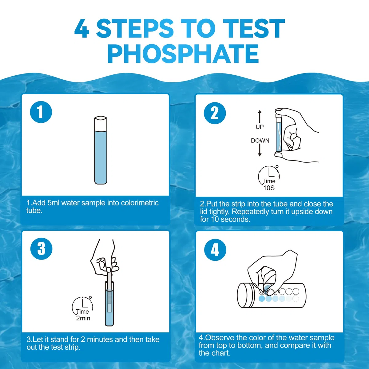 Kit de prueba de fosfato, kit de prueba de fosfato de piscina, 50 tiras de prueba de fosfato para bañera de hidromasaje y piscina, prueba de agua rápida y fiable con tubo colorimétrico