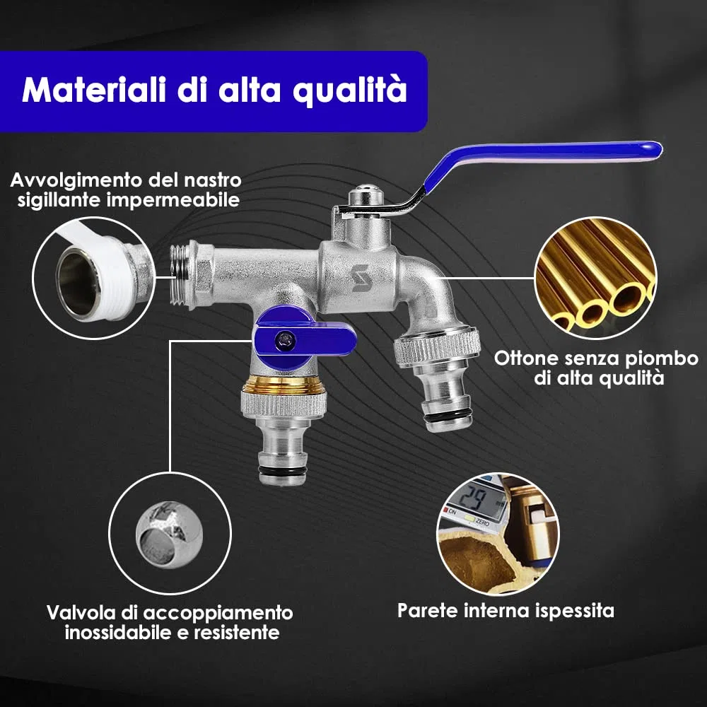 SPGOOD Grifo deJardín, Grifo de Doble Salida de 3/4 de Pulgada, de Latón, Resistente a la Oxidación y a Las Heladas, Con 2 Salidas de 3/4 de Pulgada, 1 Cinta de Sellado de Rodillos (Azul)