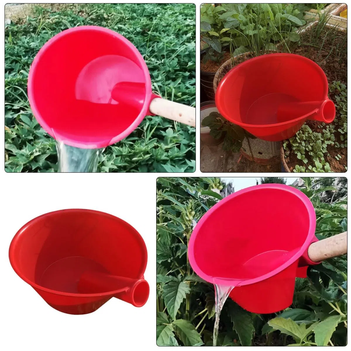 Beaupretty Cucharón de Riego de Plástico Rojo Mediano Mango Largo para Jardín, Achicador Multiusos para Riego y Fertilización, Herramienta Agrícola Resistente para Huerto y Exteriores