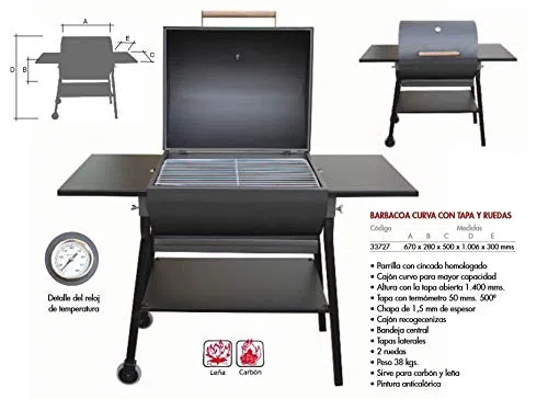 Flores-Cortes Barbacoa Ahumador Portátil con Tapa y Parrilla de Acero cincado | Estilo Bidón o Barril para Carbón y Leña con Pintura Anticalórica Ideal para Exteriores | Ruedas y Termómetro