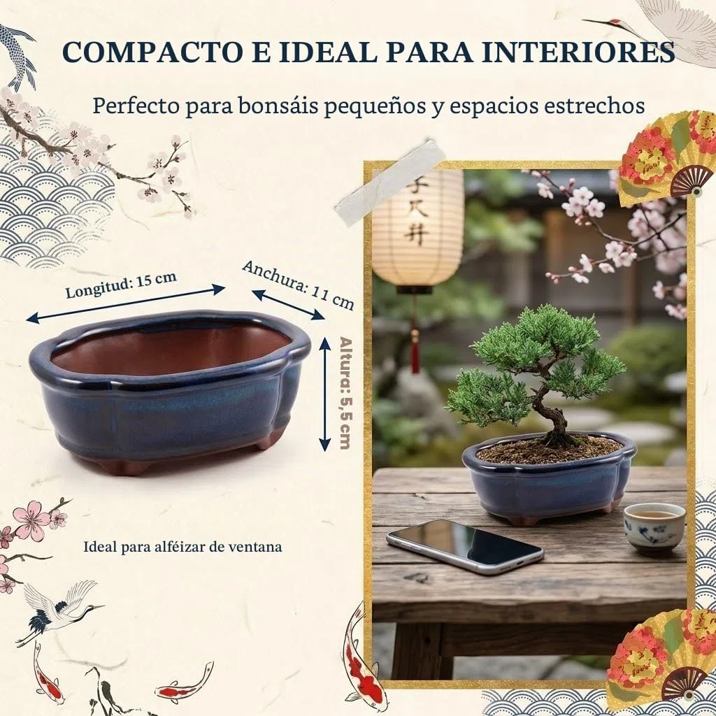 HappySeed Maceta para bonsái (pequeña) de cerámica en Azul Marino - Maceta para bonsái Redondeada presentación de su bonsái de Interior - 15 x 5,5 x 11 cm