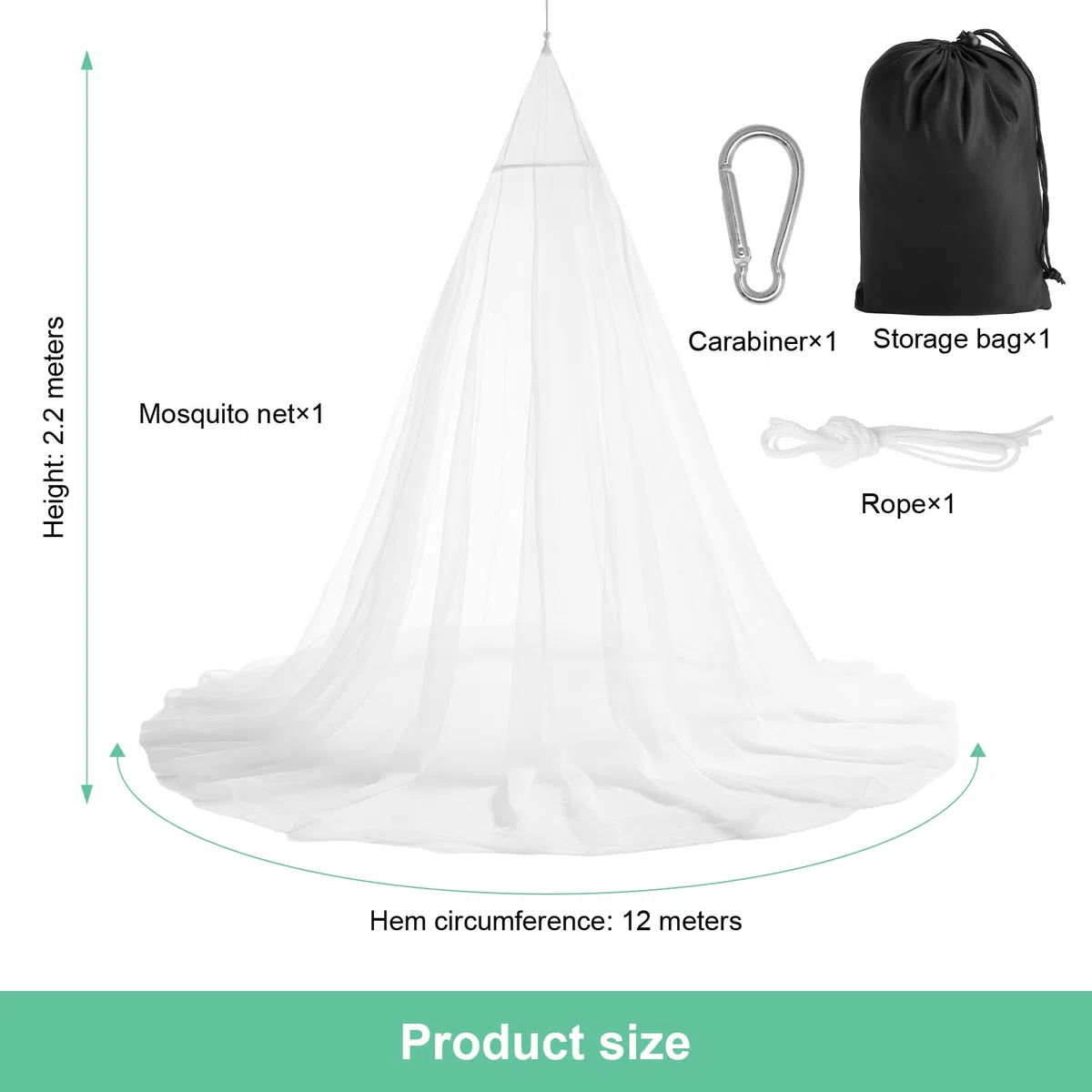 Mosquitera de viaje con bolsa de viaje, cuerda de colgar y mosquetón, 2,2 m de alto, 12 m de circunferencia de 12 m, red fina para defenderse de los molestos, para exteriores, para viajes