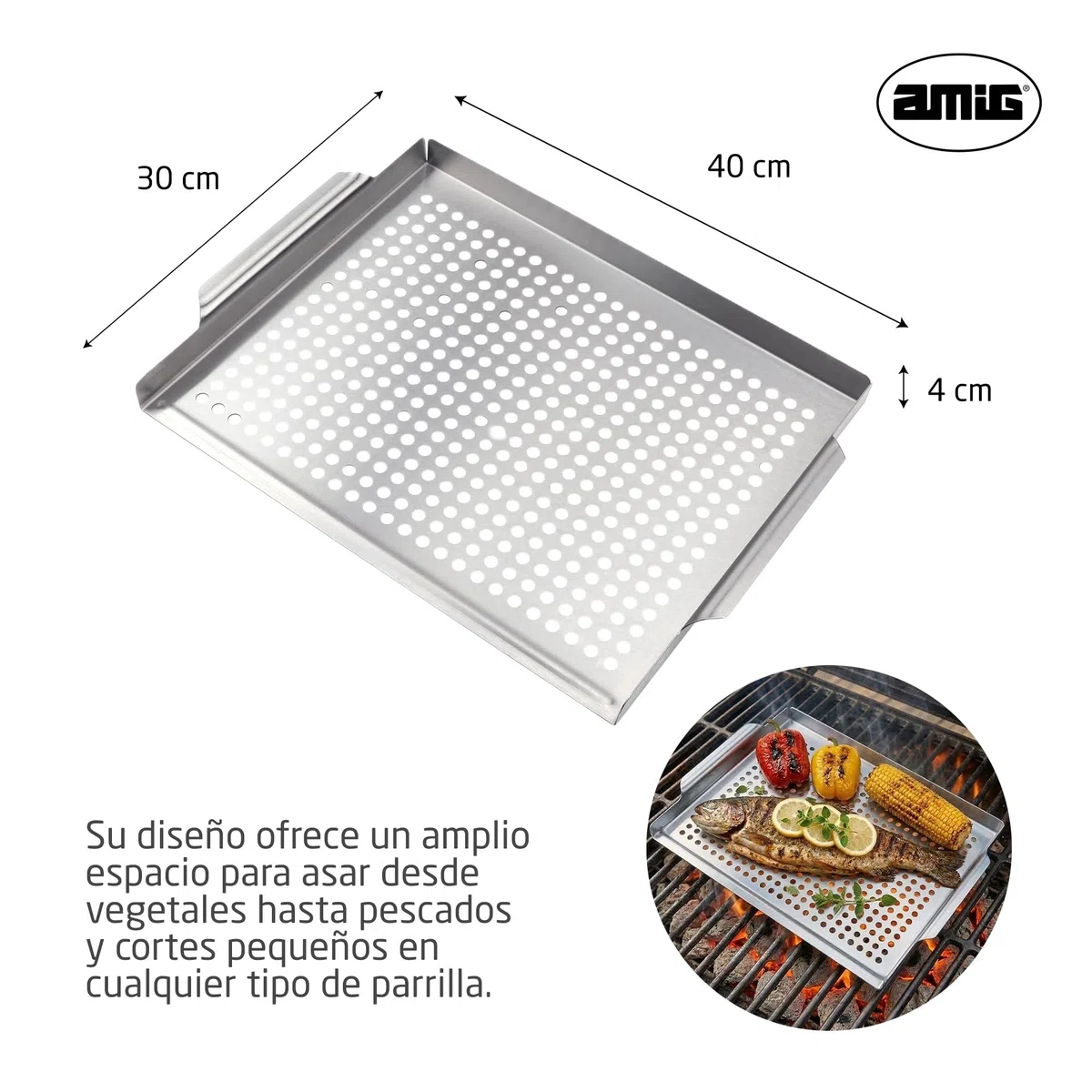 Amig - Bandeja para Asar Pescado en Barbacoa - 40 x 30 x 4 cm - Fabricado en Acero Inoxidable - Evita Que el Pescado se Rompa o cuele por la Parrilla - Mod. AM08