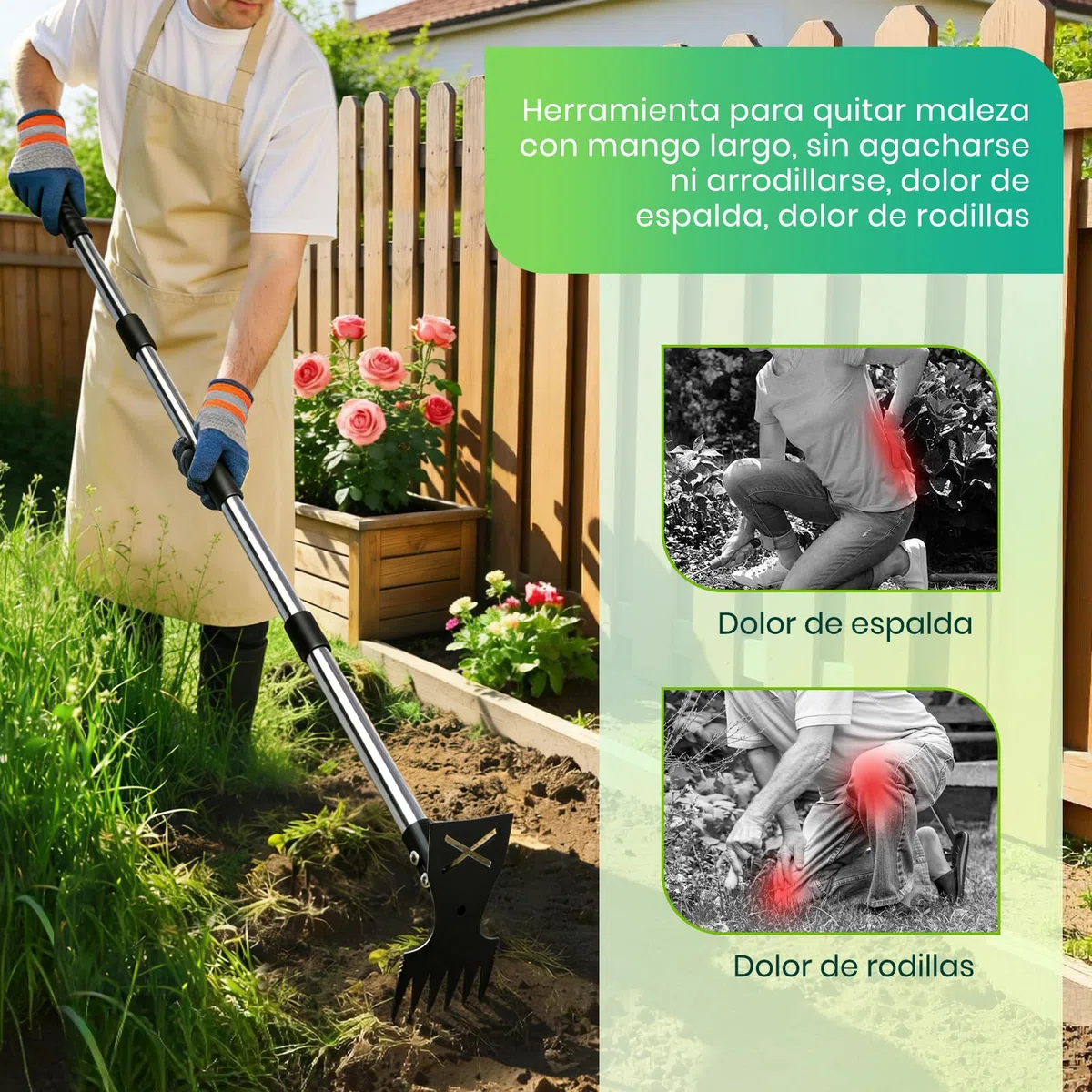 Extractora de Malas Hierbas con Mango Largo de 148 cm,Rastrillo de Azadas de Jardín 2 en 1 con Rastrillo y Azada, para Patio, Césped, Terraza, Jardín