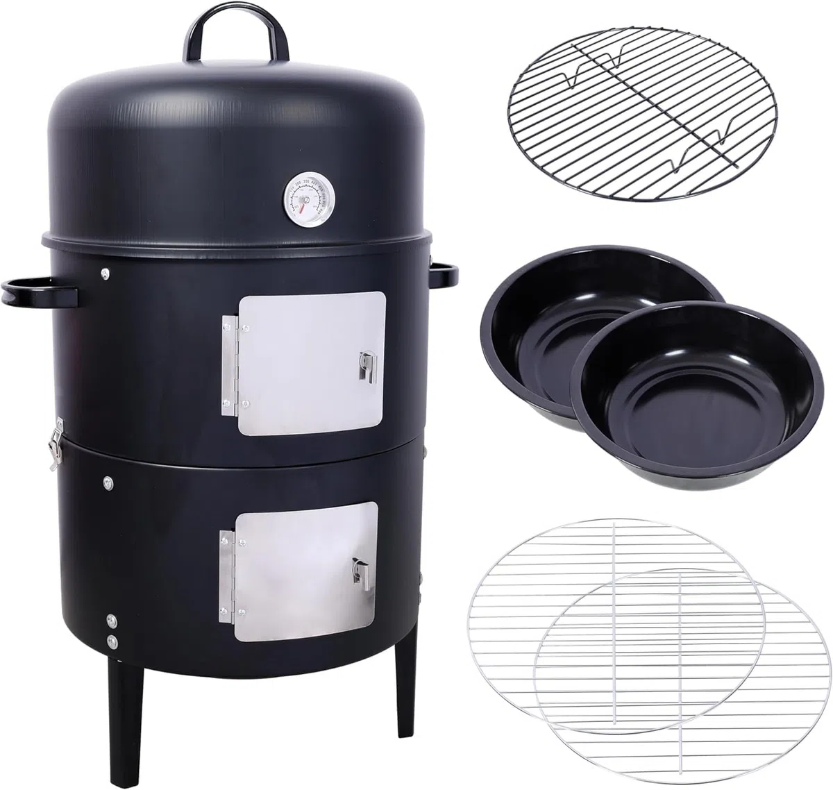 Parrilla portátil de acero para ahumar, ahumador de barbacoa 3 en 1 con termómetro, bandeja de goteo de aceite, diseño vertical sin humo para un calor uniforme, ideal para cocinar al aire libre y