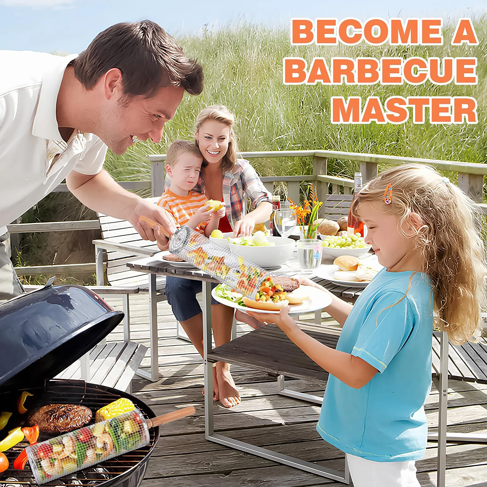 Paquete de 2 cestas rodantes para barbacoa, cesta para barbacoa de acero inoxidable con mango de madera, cesta giratoria para barbacoa, accesorios para barbacoa para acampar al aire libre