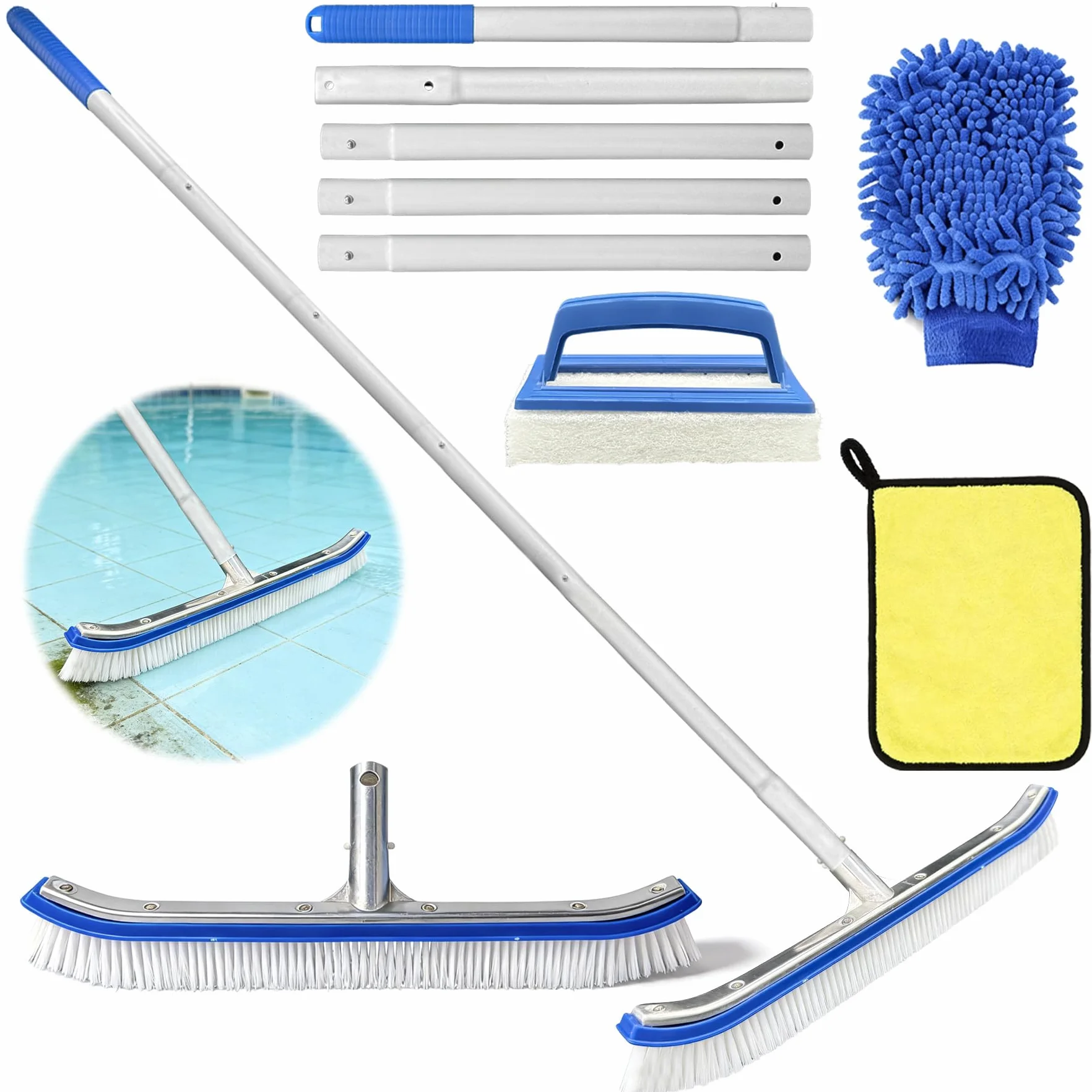 TZEKING Cepillo Piscina con pertiga 180cm,Cepillo para Limpiar Piscinas 43cm,Kit Piscina Limpieza,con Extremos Curvos,Borstels Reinigen Wanden,Tegels en Vloeren Moeiteloos