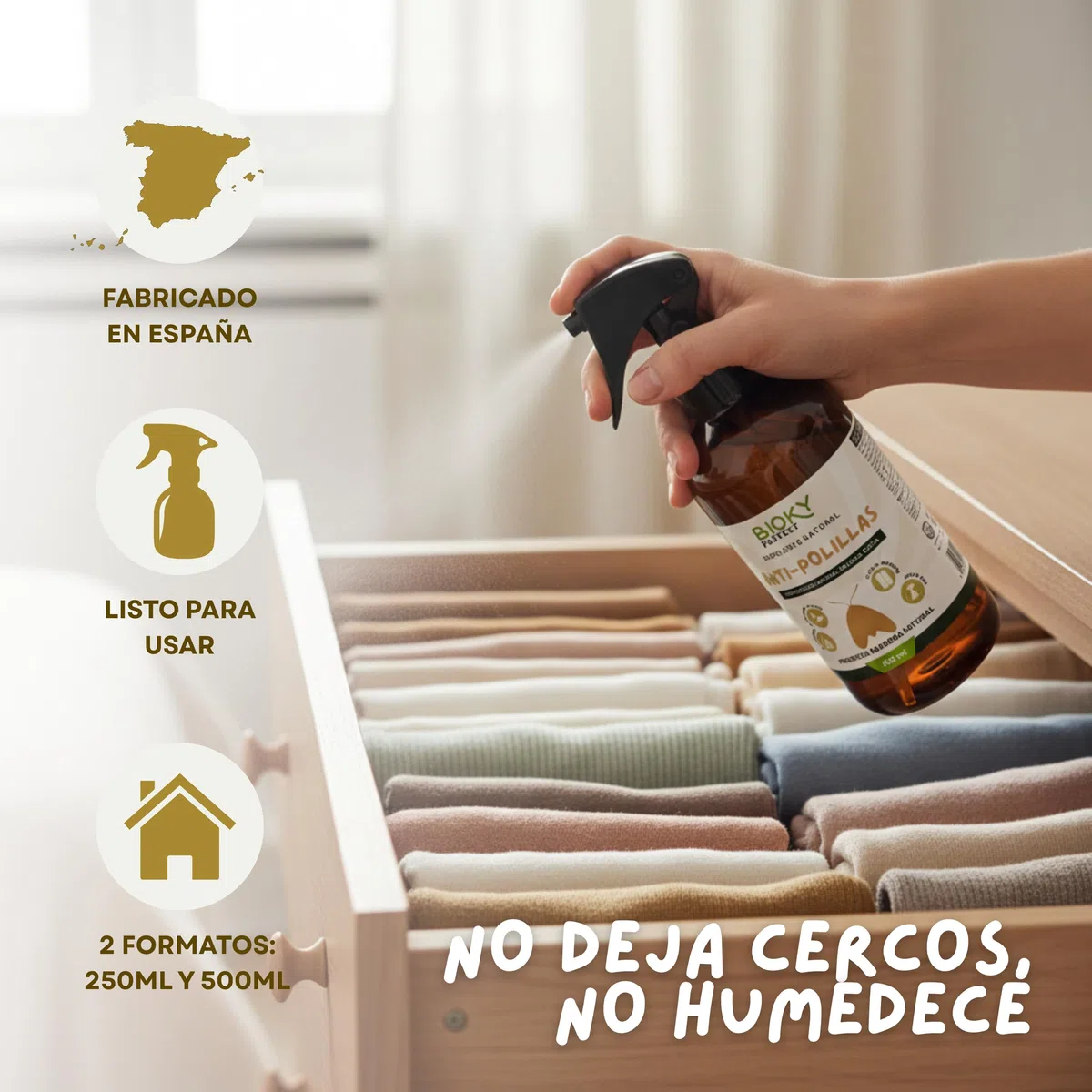 Protect | Spray Anti-Polillas para Ropa 500ml | Repelente Ideal para Armarios, Cajones y Fibras Naturales | con Aceites Naturales | x10 veces Más Concentrado | No Mancha