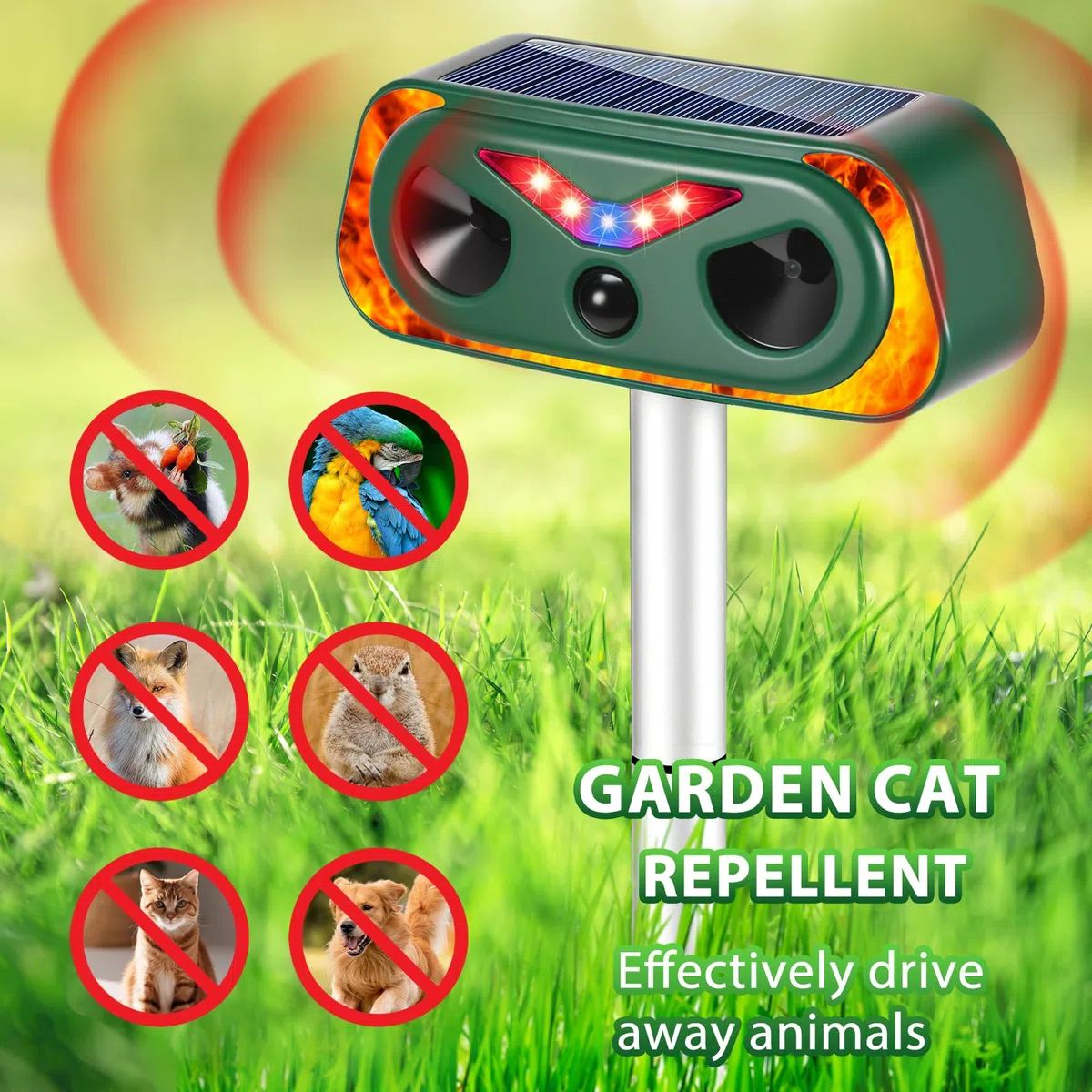 Ahuyentador de gatos para jardín, ahuyentador de gatos ultrasónico con sensor de movimiento PIR y luces de llama LED, IP66 Impermeable, ahuyentador de martas, ahuyentador de zorros y pájaros para
