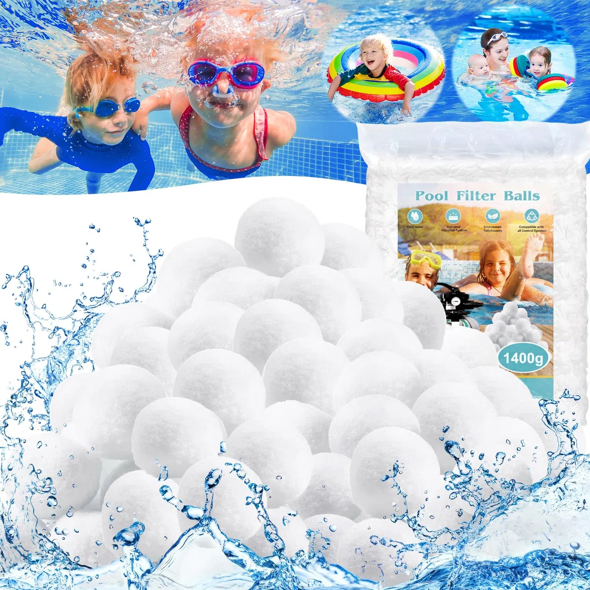 1400g Bolas Filtro Piscina, Bolas Depuradora Piscina, Bolas de Filtro de Piscina, Reemplaza 50 kg de Arena de Filtro, para Instalaciones de Filtro de Arena, Piscina, Acuarios