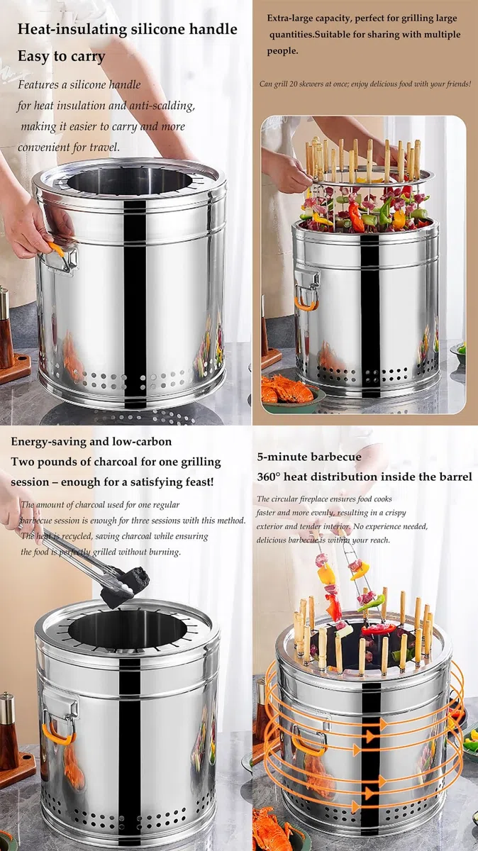 Parrilla vertical portátil para ahumar carbón con pinchos de madera, barbacoa de camping para interiores y exteriores