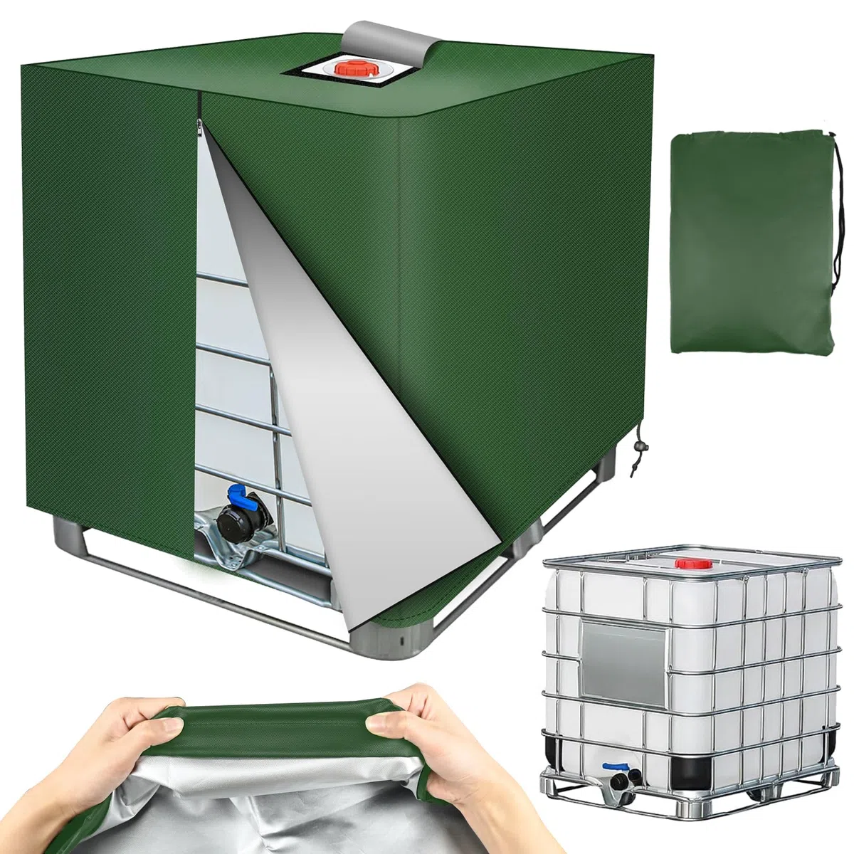 Ulikey Cubierta para Tanque IBC 1000L, 120 x 100 x 116 cm, Cubierta Funda Deposito, 420D IBC Tank Cover con Cremallera, Cierre de Cubierta Protectora Anti-UV para Tanque de Agua (Verde)