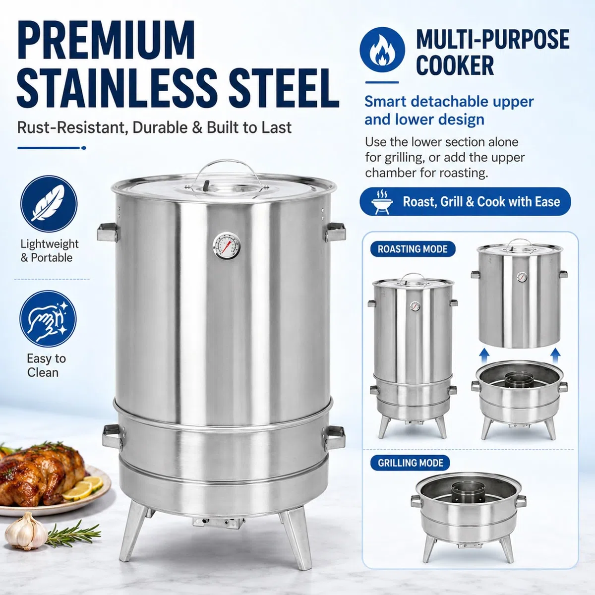 Horno Vertical Ahumador Acero Inoxidable 50cm Diámetro 85cm Altura Barbacoa Carbón con Termómetro y Accesorios para Camping Patio