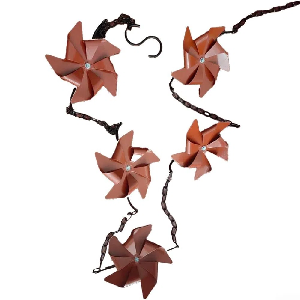 Cadena de lluvia de metal con diseño de molino de viento, cadena decorativa de desviación de agua de 5.5 pies para aleros de jardín y patio, alternativa a canalones al aire libre