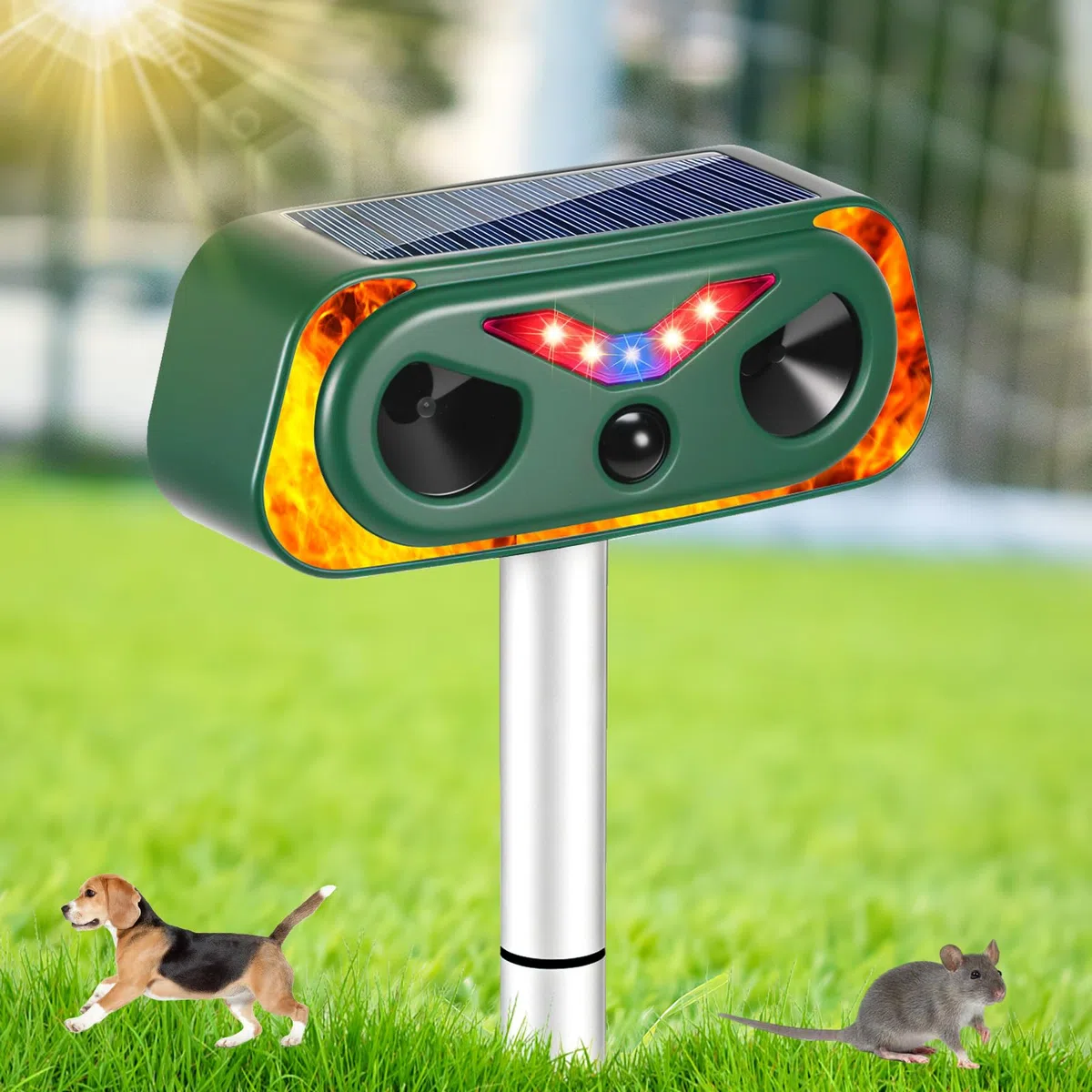Ahuyentador de gatos para jardín, ahuyentador de gatos ultrasónico con sensor de movimiento PIR y luces de llama LED, IP66 Impermeable, ahuyentador de martas, ahuyentador de zorros y pájaros para