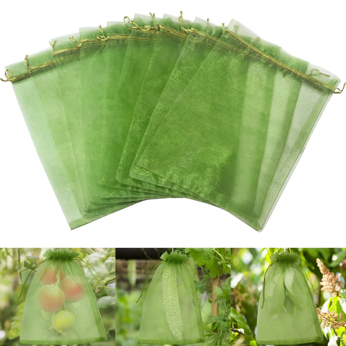 Bolsa de Protección de Uvas, 100 Piezas Bolsa de Protección de Frutas, Bolsas de Organza con Cordón 30cm x 20cm para Proteger Los Racimos de Uvas de Avispones y Antipajaros(Verde Oscuro)