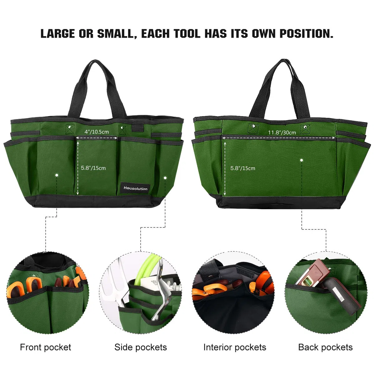 Housolution Bolsa de Jardín Herramienta, Hogar Bolsa de Mano Almacenamiento con Bolsillos para Organizar Juego de Herramientas de jardinería, Resistente al Desgaste y Reutilizable - Verde Osguro