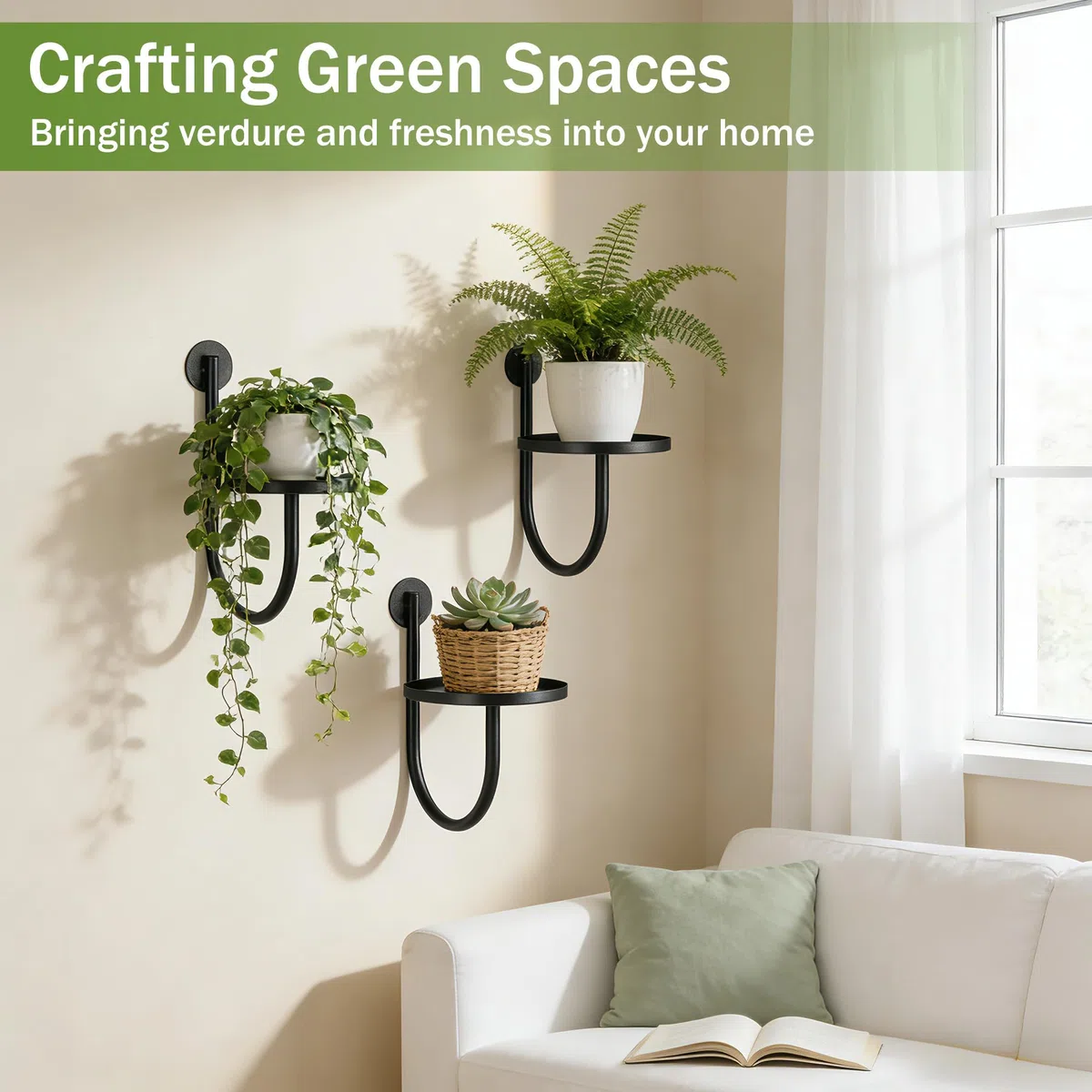 3 Piezas Maceta de Pared, Estantería Metálica para Plantas Interior o Exterior, Sala de Estar, Balcón, Jardín, Cocina y Dormitorio, Forma de U, Negro