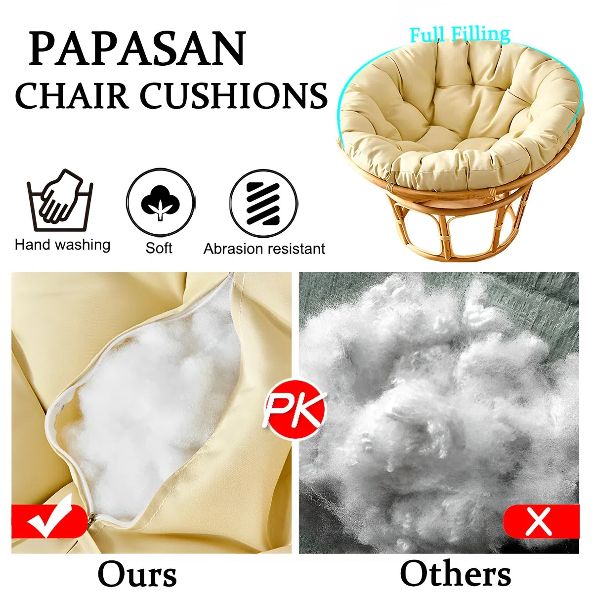Surwin Papasan Cojines Exterior Jardin, Papasan Cojines Redondos para Silla, Suave y Acogedor Cojín para Silla De Huevo para Interiores Exteriores Sala Cojín de Asiento (80x80cm,Caqui)