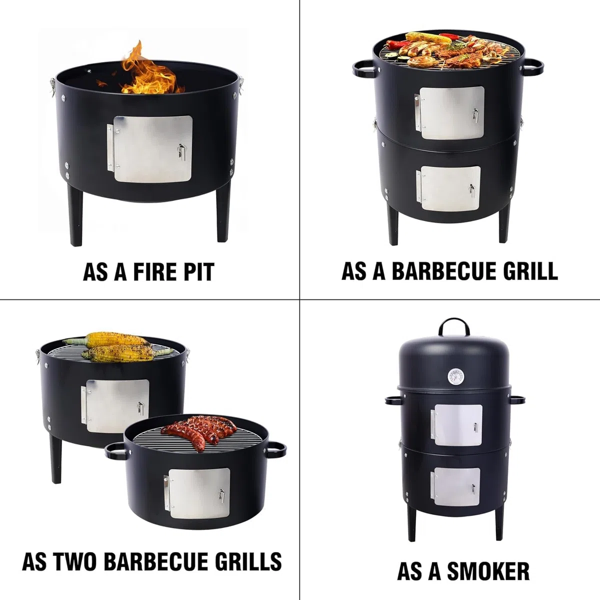 Parrilla portátil de acero para ahumar, ahumador de barbacoa 3 en 1 con termómetro, bandeja de goteo de aceite, diseño vertical sin humo para un calor uniforme, ideal para cocinar al aire libre y
