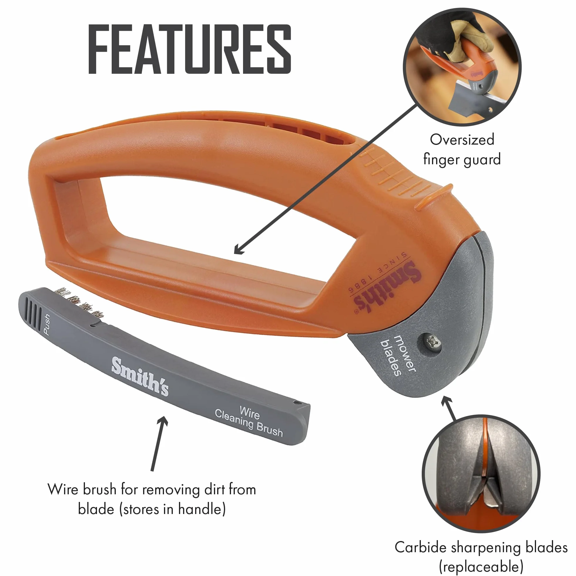 Smith's 50603 - Afilador de Cuchillas para cortacésped de Mano, Mango de Gran tamaño y Protector de Seguridad Grande, plástico Duradero, fácil de Usar, Cepillo de Limpieza de Alambre, Hoja de carburo