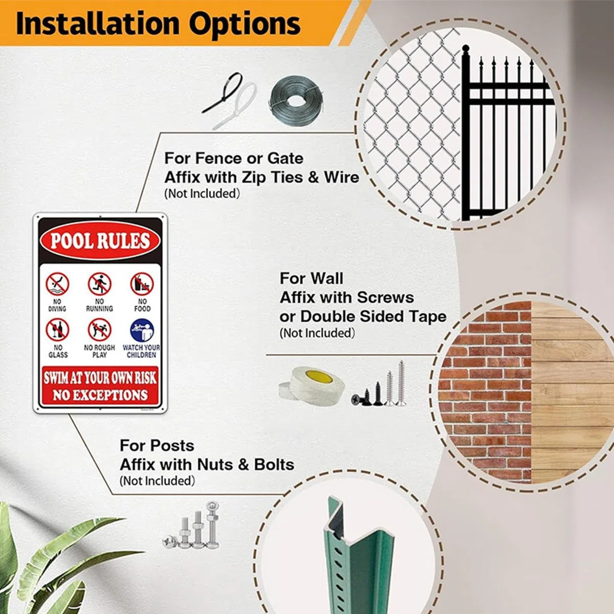 Letrero de reglas de piscina – Aluminio 30 x 20 cm | Señal de advertencia de metal resistente a la intemperie y a la decoloración | Nadar bajo su propio riesgo para decoración junto a la piscina