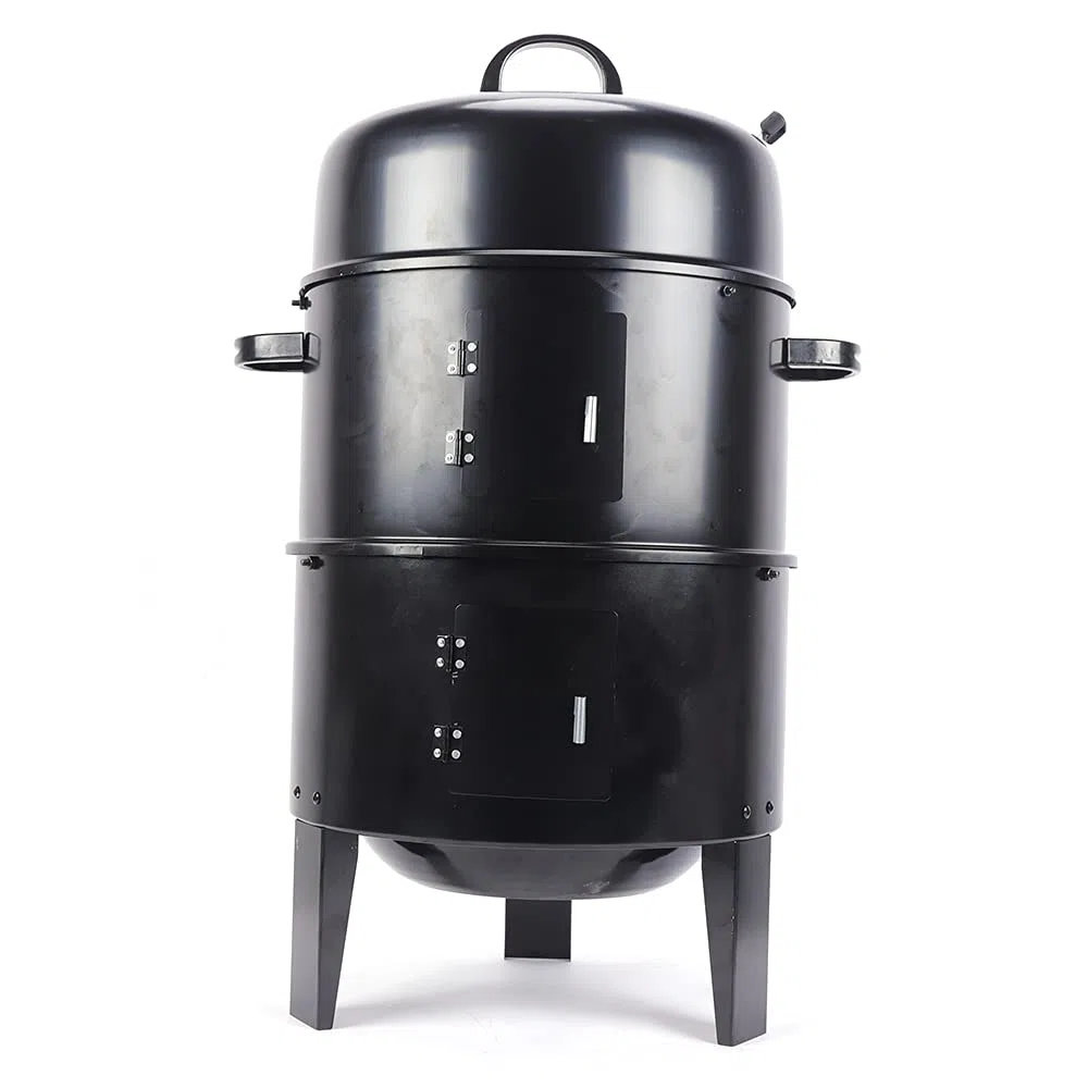 Horno para ahumar 3 en 1 barbacoa de carbón vegetal con termómetro, barril de ahumar con tapa, color negro