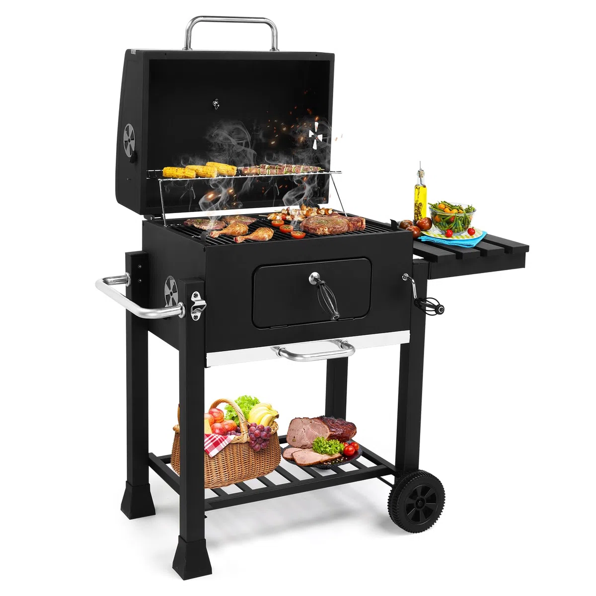 LEADZM Barbacoa de carbón con diseño de doble cámara, carrito de barbacoa portátil de primera calidad, ahumador de metal para jardín y terraza, con mesa auxiliar, parrilla grande y regulador de