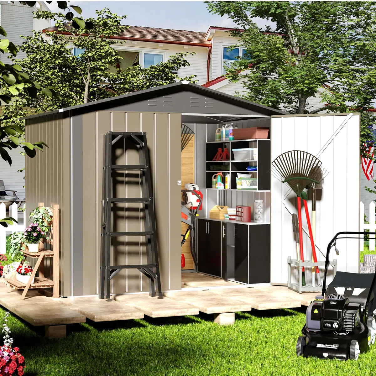 Cobertizo de almacenamiento para exteriores, cobertizo de almacenamiento de metal de 6 x 4 pies con estructura de marco actualizada y puertas con cerradura, cobertizo impermeable para patio,