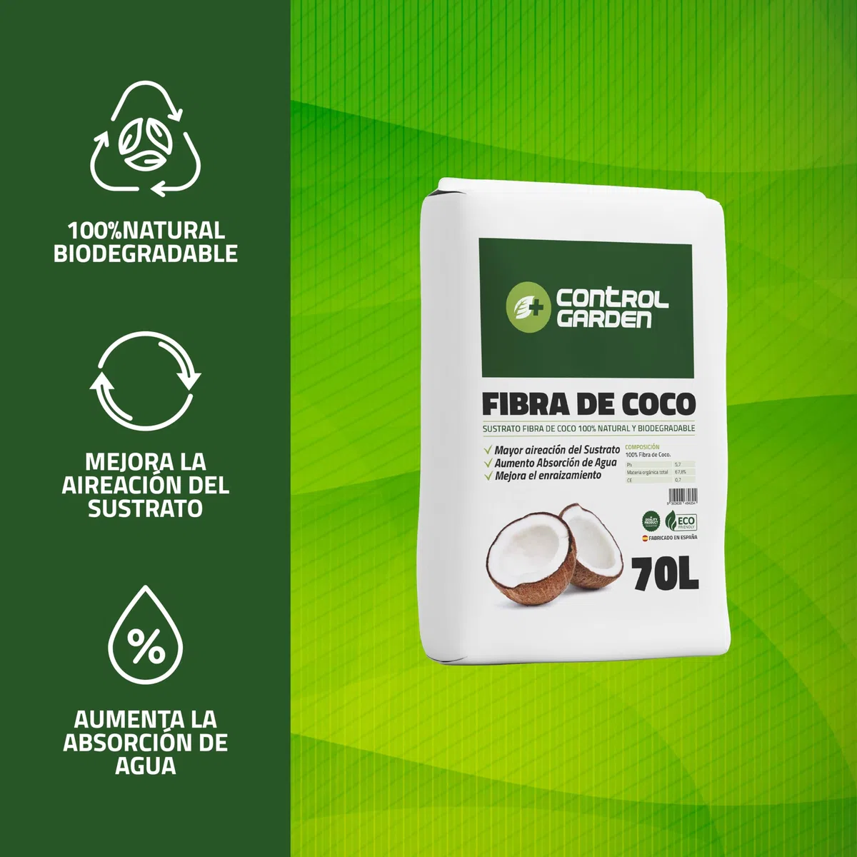 Control Garden Sustrato Fibra de Coco 70L | Abono Plantas 100% Natural para Huertos, Terrarios y Cultivos | Substrato Semilleros Biodegradable