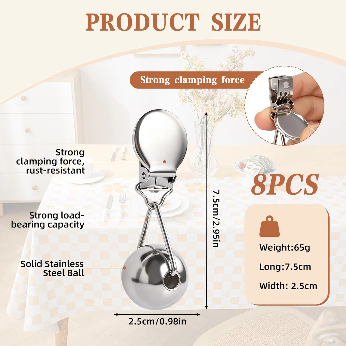Sophisticate 8 unidades de pesas para mantel con clips, pesos para manteles para exteriores, resistentes al viento, bolas de peso para cortinas, exteriores, bodas, picnics, jardín, fiestas