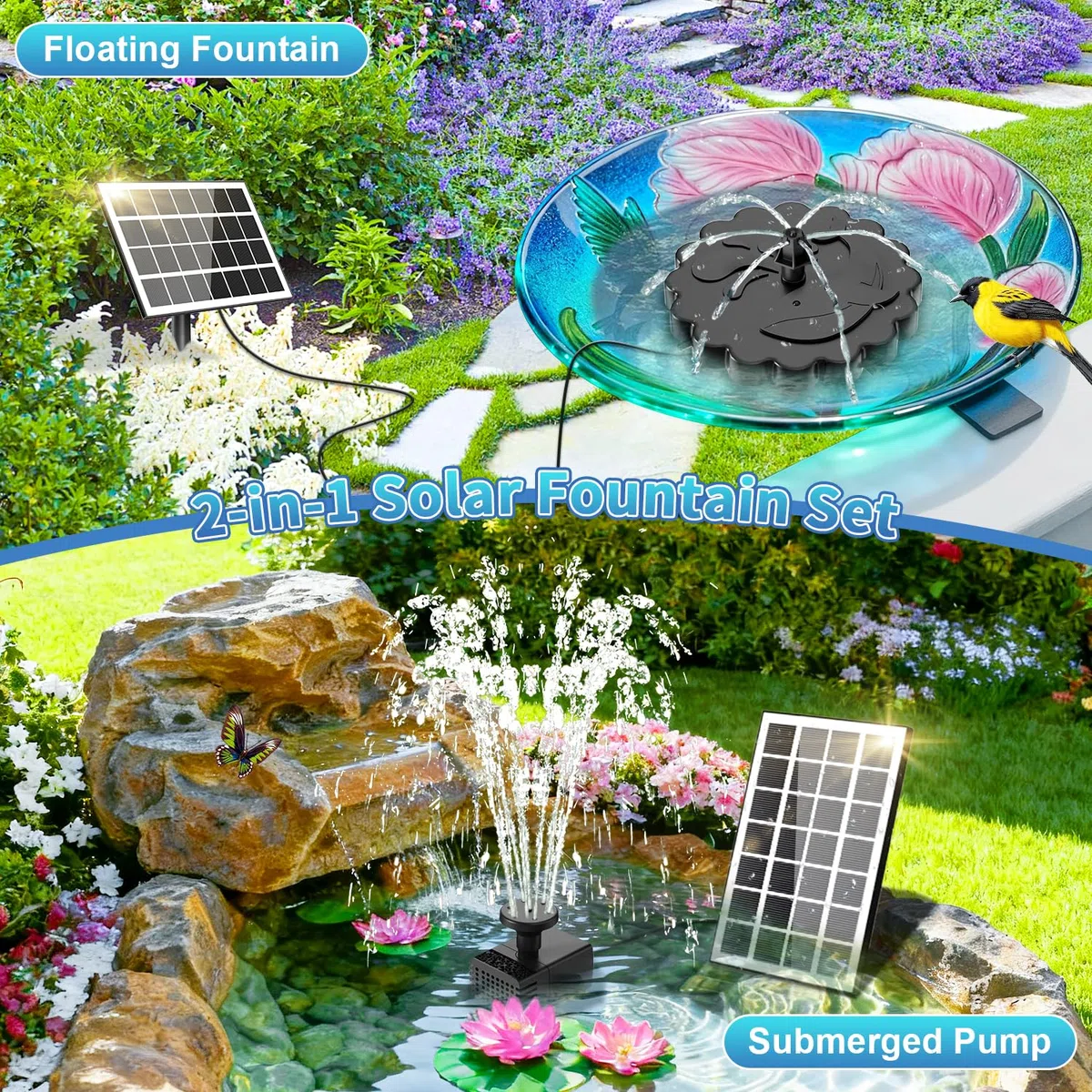 SZMP 2 en 1 Fuente Solar Jardín Exterior 3.5W, 2026 Nuevo Bomba de Agua Solar Flotante con 3M Cable & 8 Boquillas, para Estanque de Jardín Fuente, Baño para Pájaros, Estanque, Exterior, Piscina