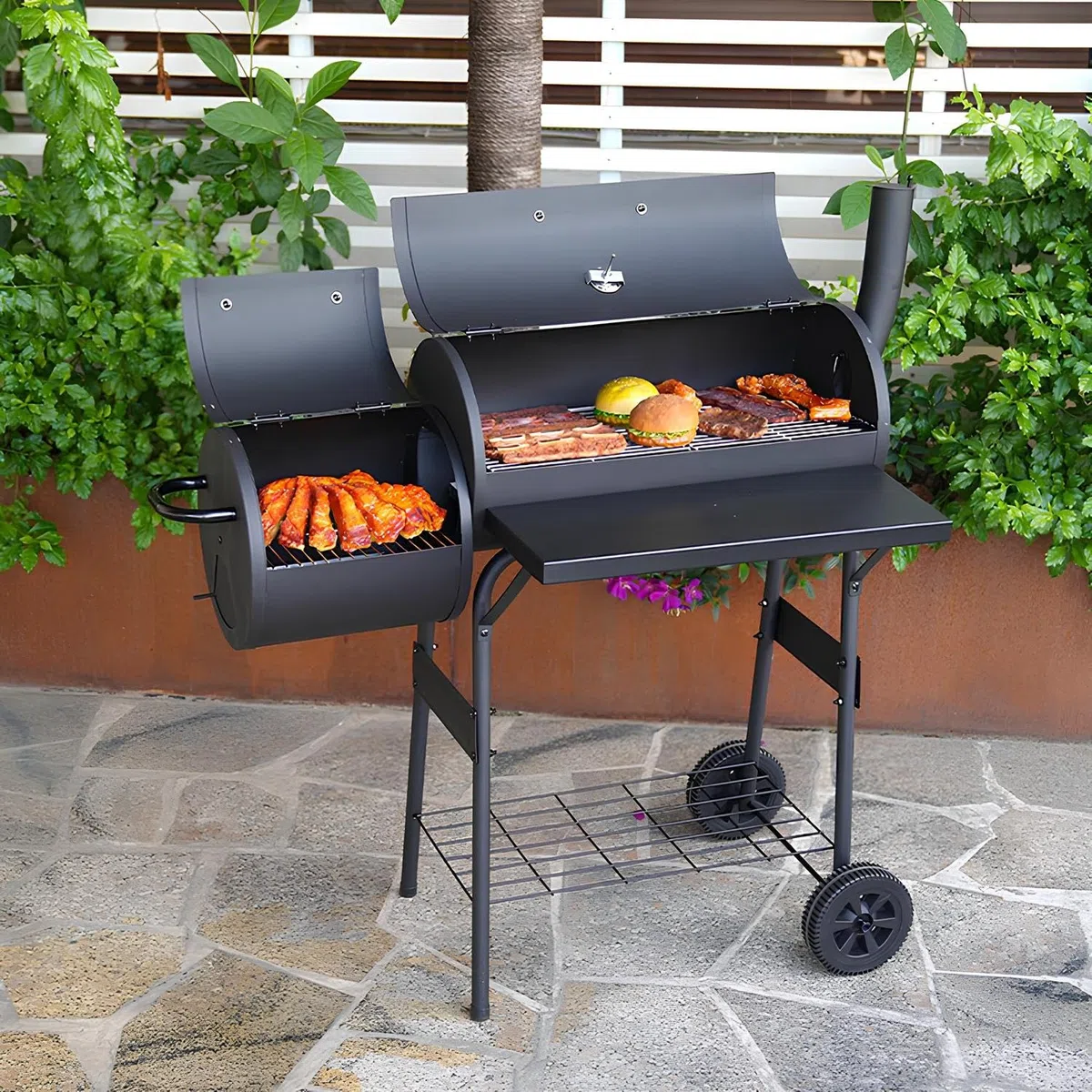 Ahumador exterior y parrilla con tapa, ruedas, termómetro, para pícnic, jardín