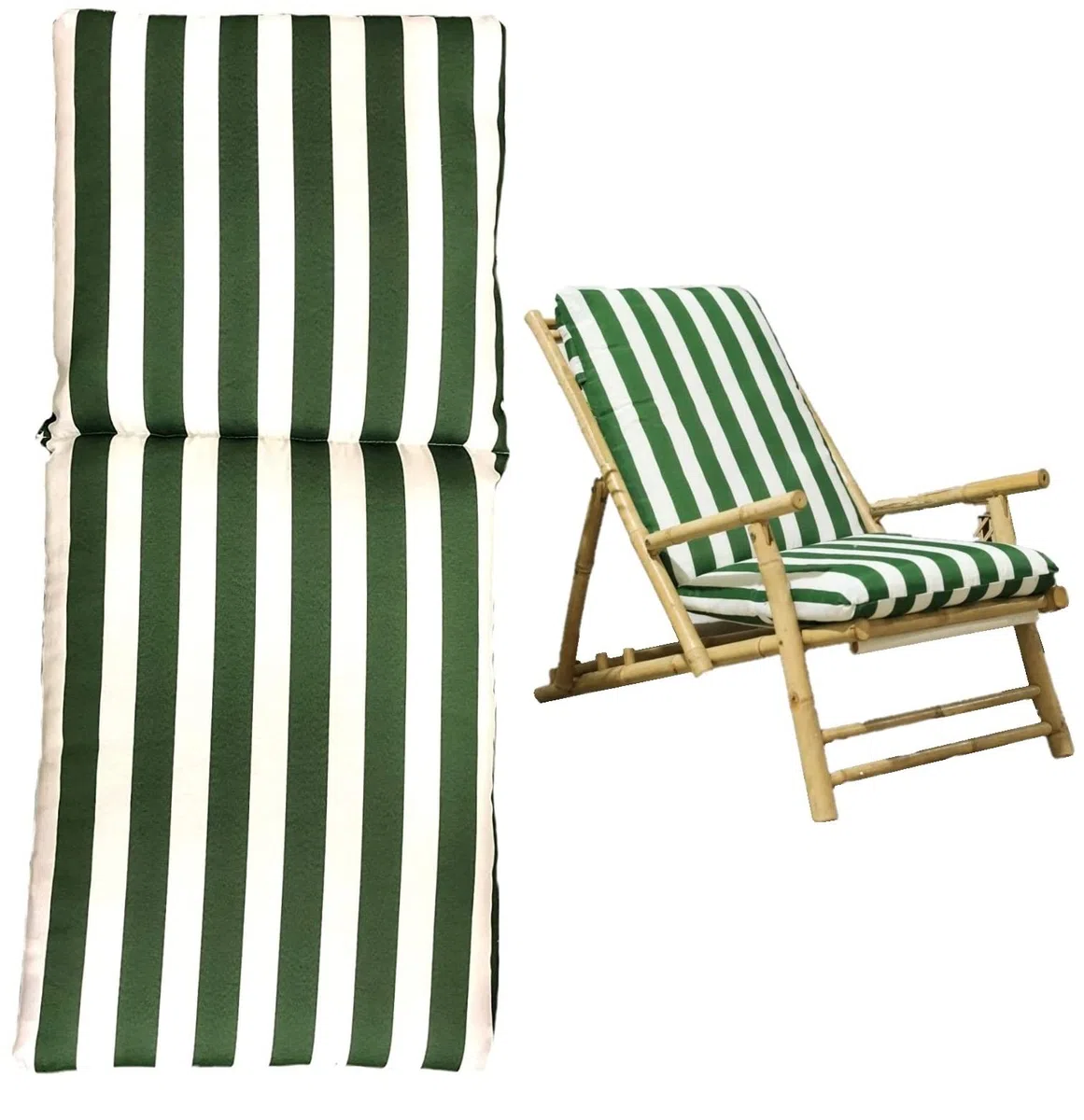 Acolchado para Silla, Tumbona, Hamaca de terraza. Medidas:120x55x10cm. Contiene agarres laterales y una Funda para Mayor fijación. Apto Interior, Exterior. (Rayas Verde)