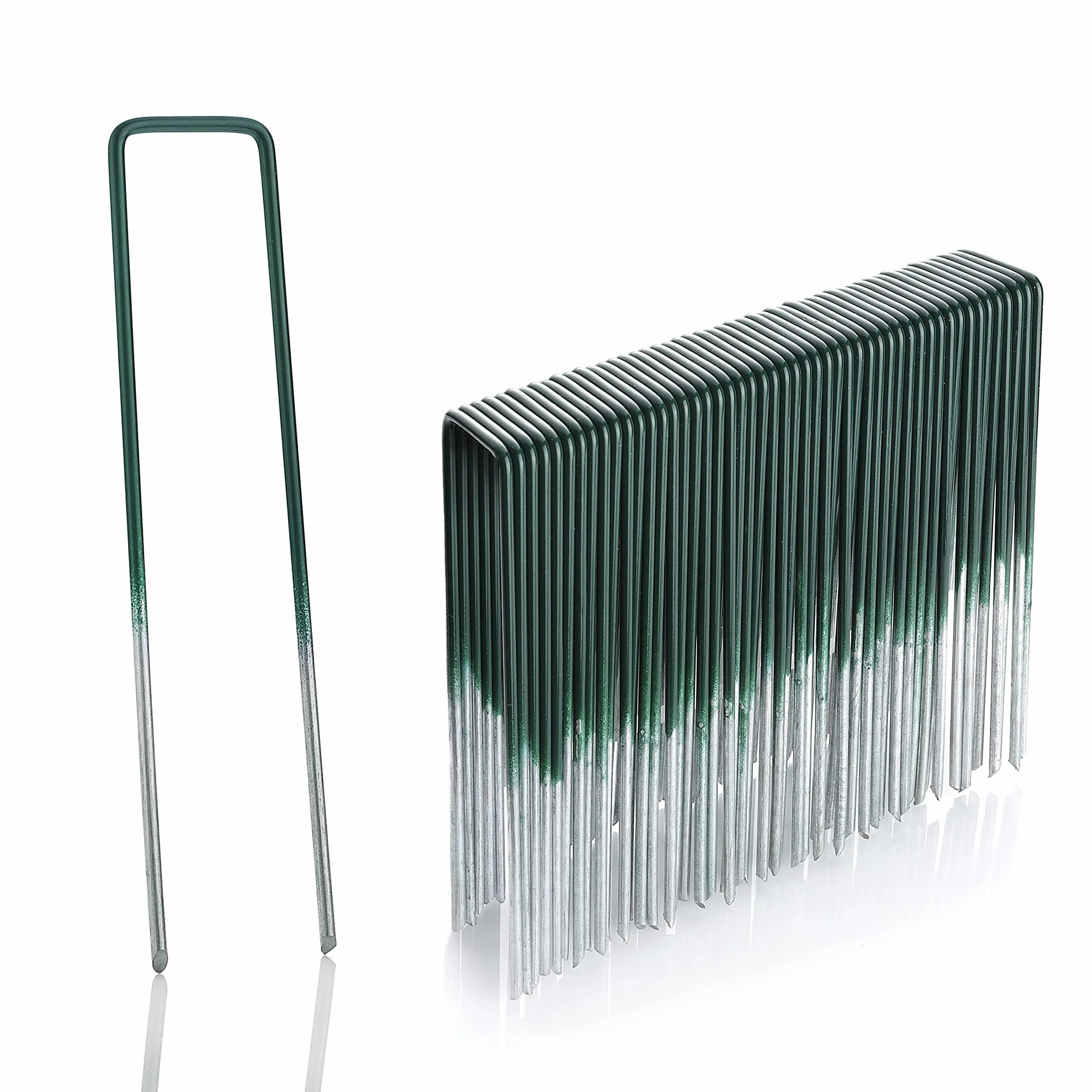 GardenMate 50 Grapas de sujeción para césped Artificial de Alambre de Acero galvanizado al Fuego | 150 mm Largo, 25 mm Ancho, 2,9 mm Grosor | Color Verde y Cabeza Plana