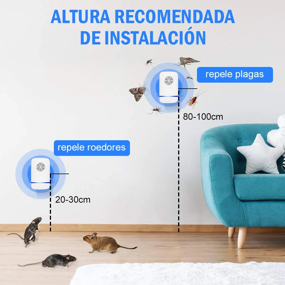 Repelente Ultrasónico de Plagas, Antimosquitos Electrónico Control de Mosquitos Hormigas, Cucarachas, Moscas, Arañas, Chinches, Ahuyentador de Ratas y Ratones para Interiores (2 Piezas)