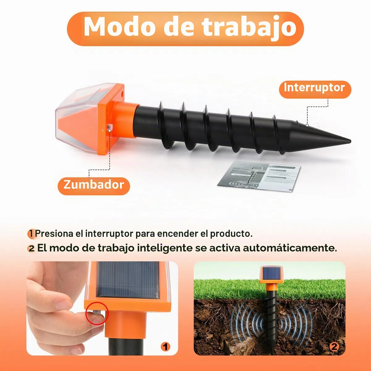 Repelente Solar de Ultrasonidos para Topos y Roedores 2 Unidades, 6 Modos Aleatorios 200m² por Dispositivo Protección 360° Luz LED IP66 Impermeable Ideal para Jardín y Césped