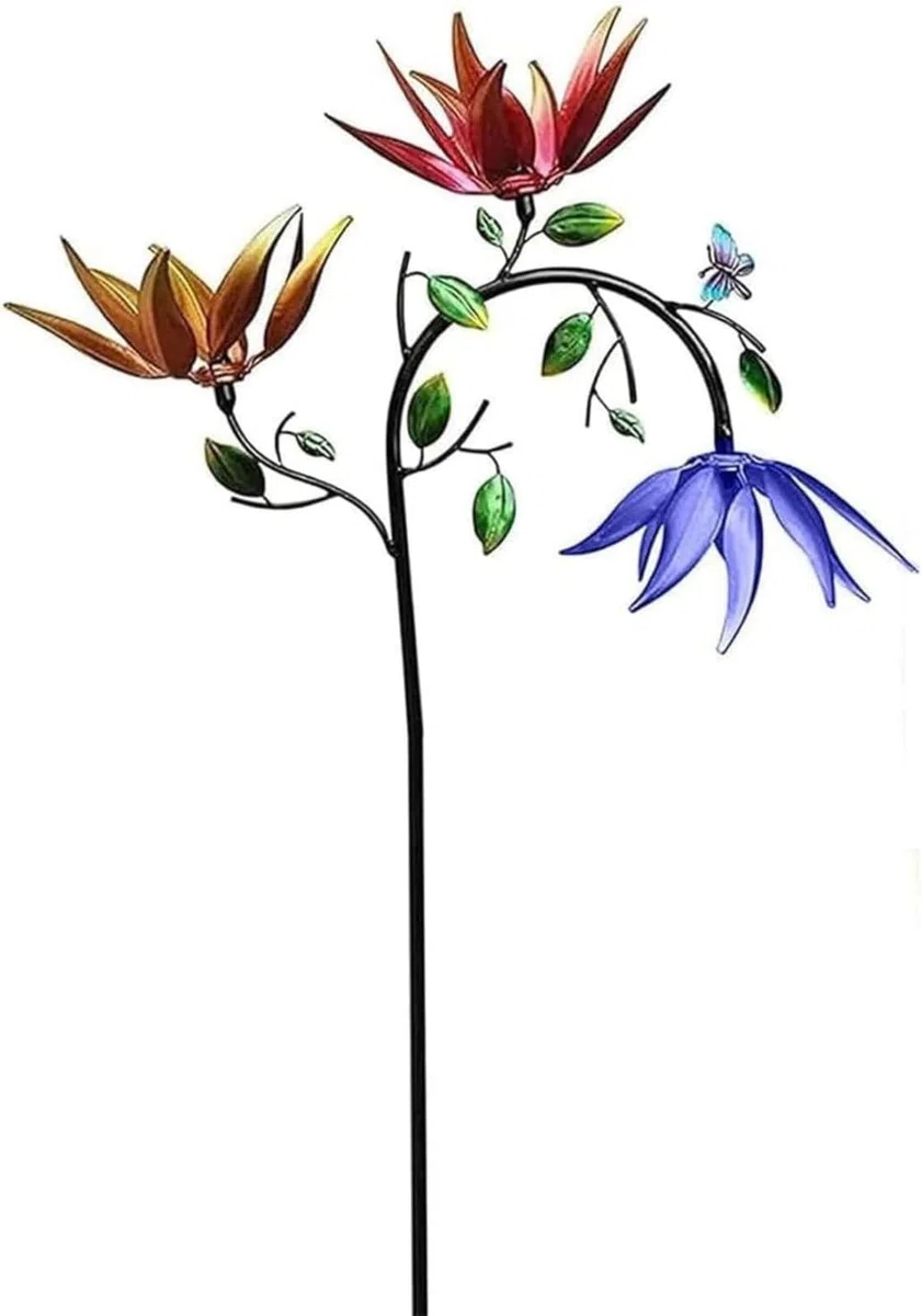 Molinillo de viento de flores de mariposa de metal, hermoso molinillo de viento de flores multicolor de verano, decoración cinética de patio con estaca de metal, resistente a la intemperie, adorno de