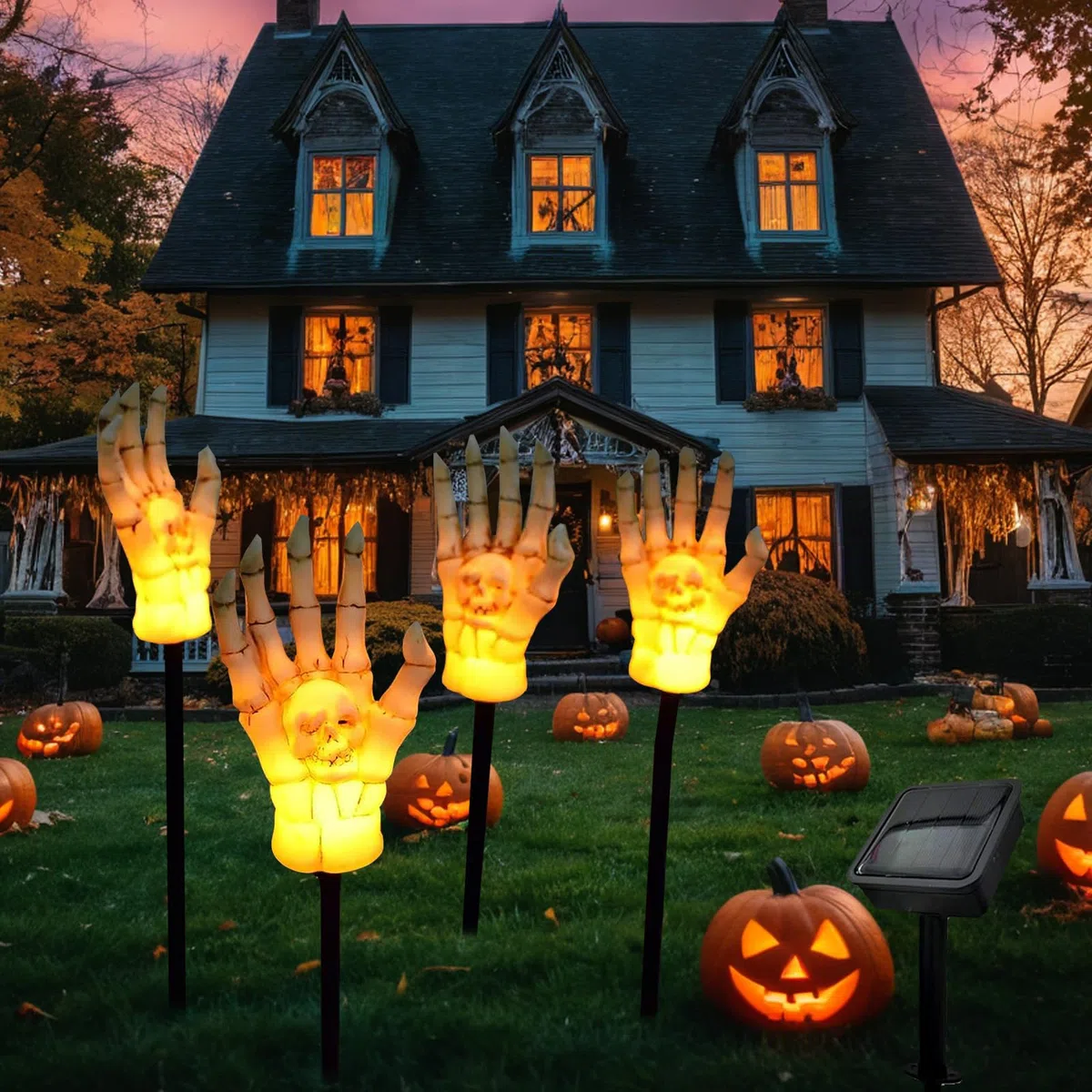 Manos de Esqueleto,Decoración Halloween,Estacas de Brazo de Esqueleto Iluminadas,Luces Solares para Jardín Exterior,Decoraciones de Halloween,para Jardín al Aire Libre Casa y Exterior