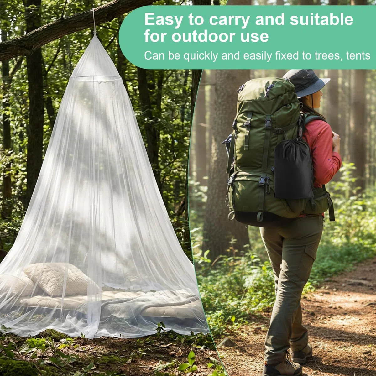 Mosquitera de viaje con bolsa de viaje, cuerda de colgar y mosquetón, 2,2 m de alto, 12 m de circunferencia de 12 m, red fina para defenderse de los molestos, para exteriores, para viajes