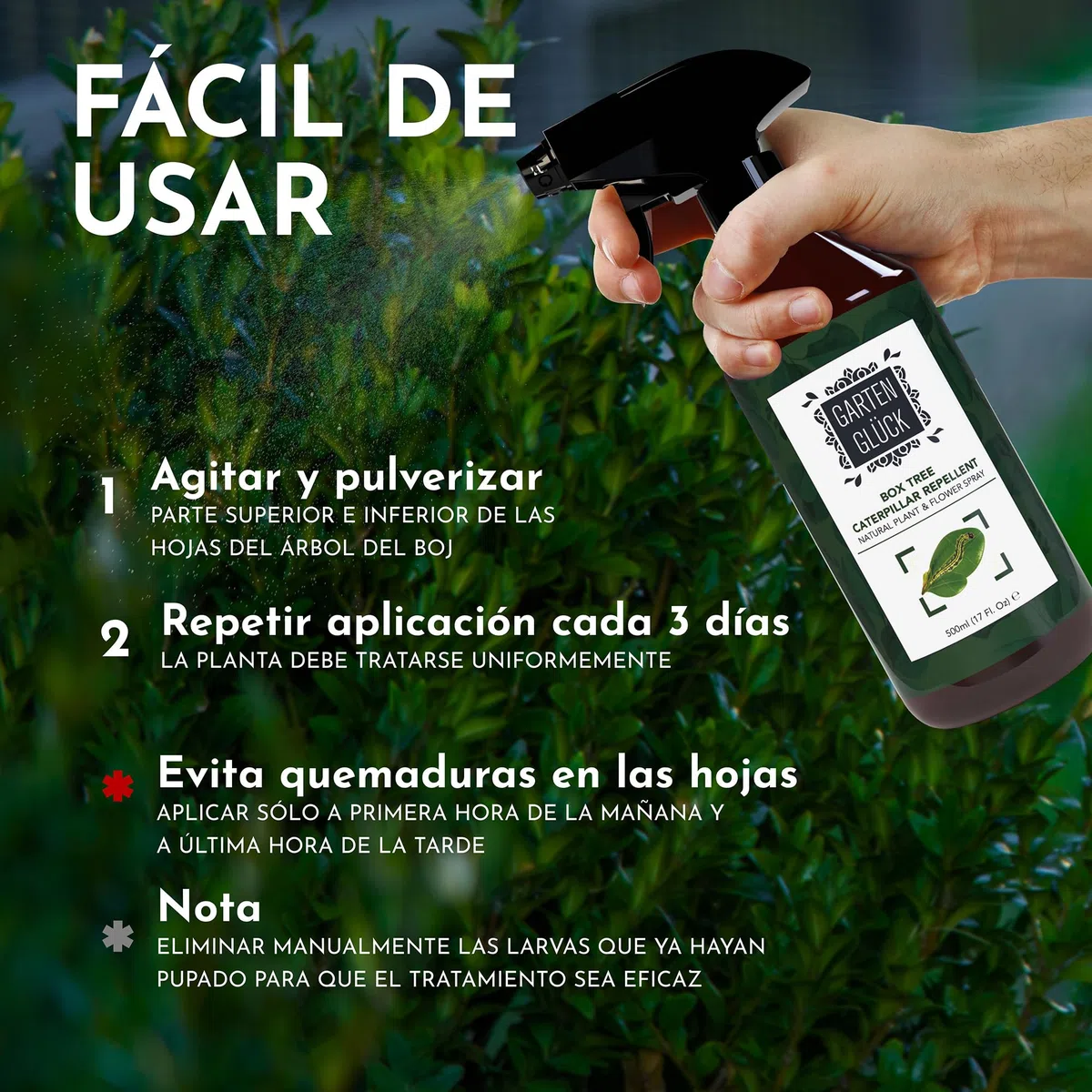 Spray Repelente Orugas con Aceite de Citronela - Fácil de Usar - 500ml - Actúa Contra Oruga, Polillas, Pulgones - Seguro para Mascotas - Alternativa a Insecticida Orugas