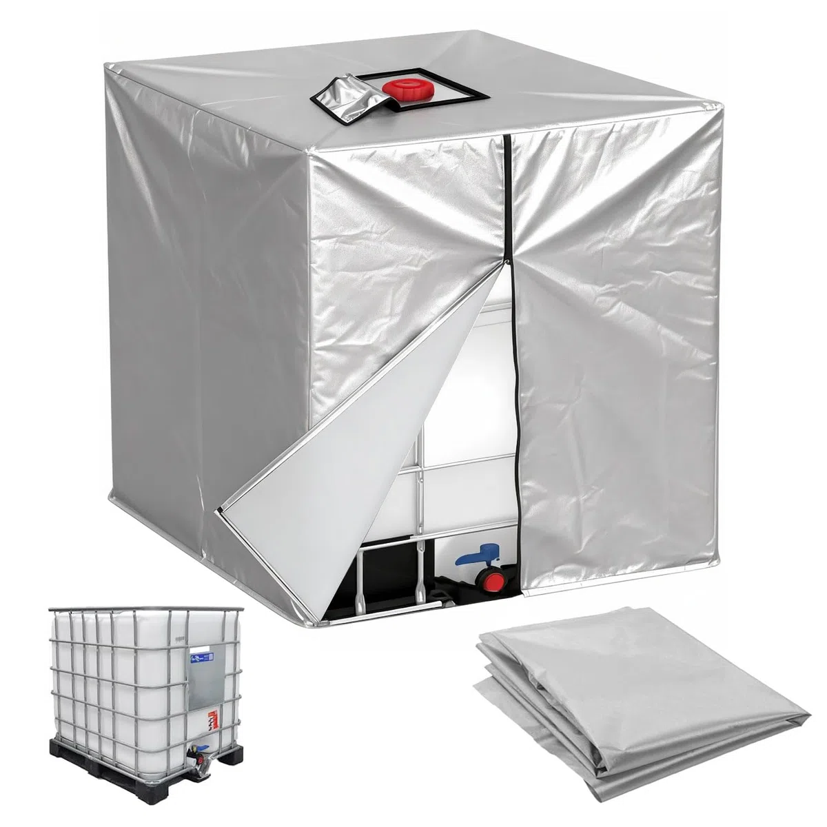 Funda Deposito 1000 litros Exterior UV Antipolvo Impermeable Funda IBC 210D Oxford Cremallera Lateral y Abre la Boca Velcro Superior para Deposito Agua 1000 litros y Bidon Agua120x100x116cm Gris
