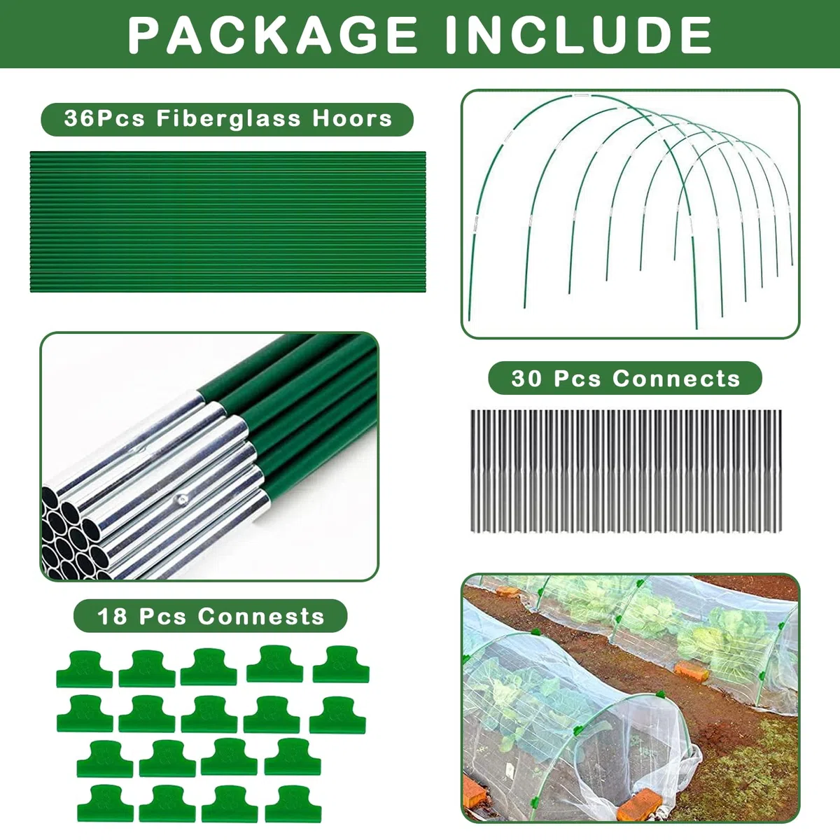Aros de invernadero para camas elevadas, 36 aros de jardín de 17 pulgadas para túnel de red, aros desmontables de fibra de vidrio con 18 clips de red, aros de soporte, aros de jardín para red de