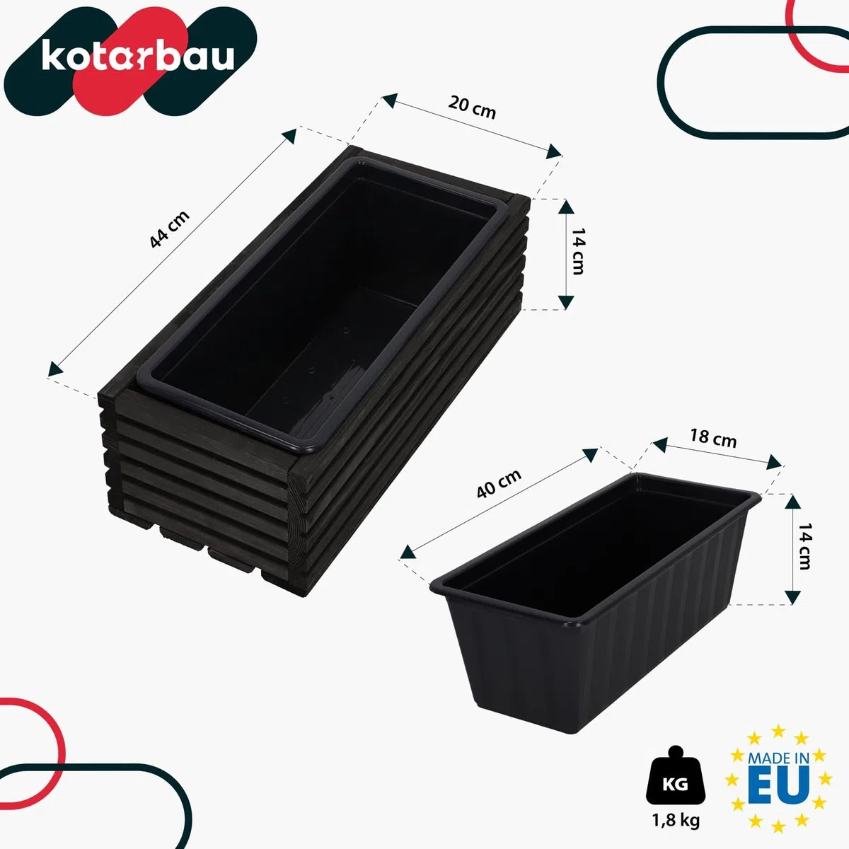 KOTARBAU Jardinera de madera de 44 x 20 cm con maceta interior para balcón, color negro, maceta para balcón, maceta, macetero, macetero, jardinera, exterior, balcón, jardín, terrazas, caja con inserto