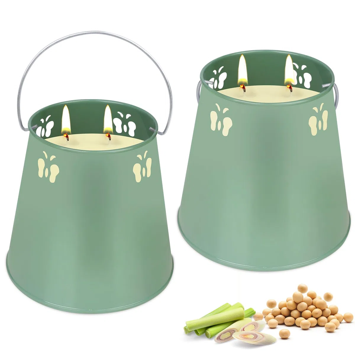 2 velas grandes de citronela, 2 mechas, 2 mechas, con asas, cera de soja, para jardín, camping, terraza, barbacoa o tarde de verano