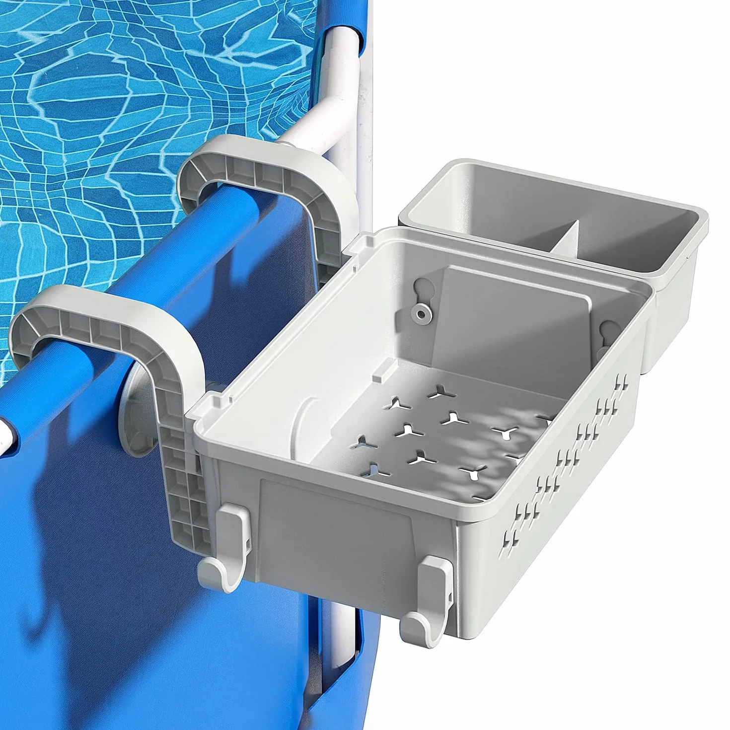 Papelera Almacenamiento para Piscina con Portavasos, Poolside Cesta de Almacenamiento Junto a la Piscina, Accesorio para Piscina Sobre el Suelo, Gris
